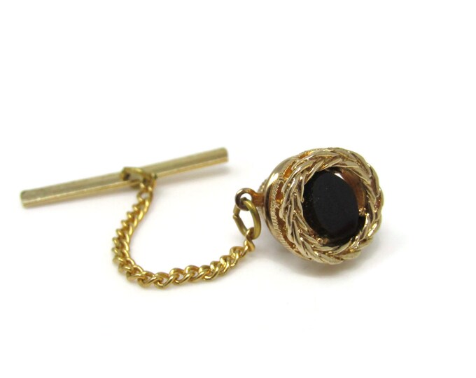 Dark Center Wreath Setting Tie Tack Pin Gold Tone Vintage Men's Jewelry