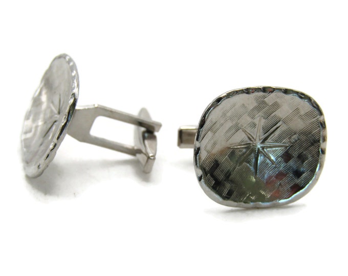 Rounded Rectangle Concave And Starburst Center Cuff Links Men's Jewelry Silver Tone