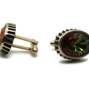 Green & Red Rhinestone Inlay Cuff Links Men&#39;s Jewelry Gold Tone
