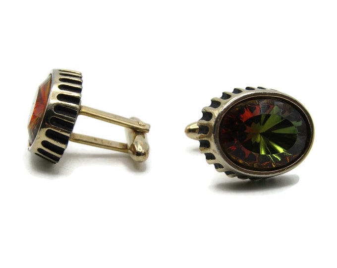 Green & Red Rhinestone Inlay Cuff Links Men's Jewelry Gold Tone