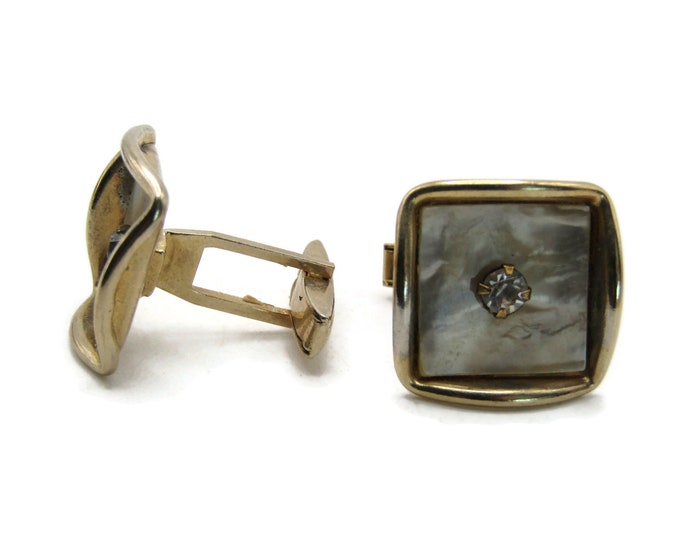 Mother Of Pearl And Rhinestone Inlay Cuff Links Men's Jewelry Gold Tone