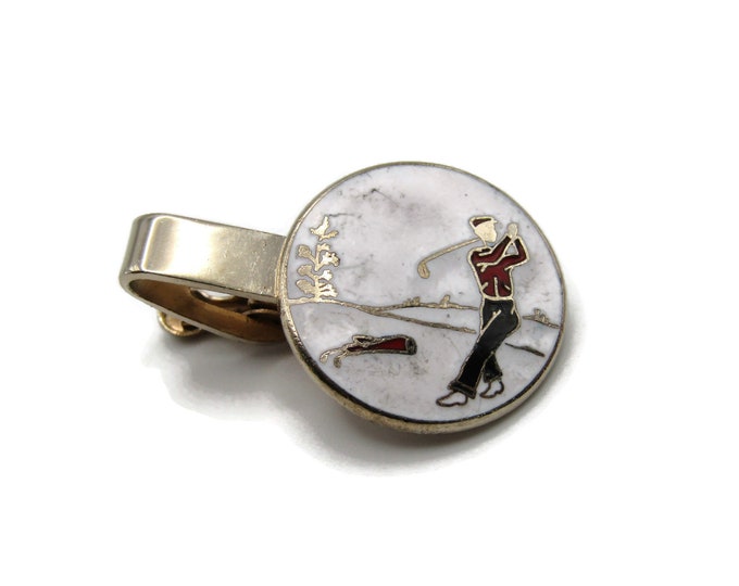 Golfer and Scenic White Background Golfing Sport Red Black & Gold Tone Tie Bar Tie Clip Men's Jewelry