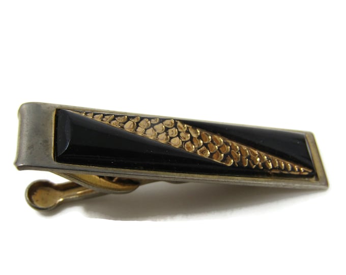 Glass Center Gold Tone Textured Stripe Tie Clip Bar Gold Tone Vintage Men's Jewelry Nice Design