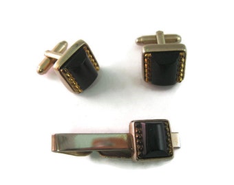 Vintage Men's Jewelry Set Tie Bar Cufflinks: Stunning Black Glass Art Deco Style Design