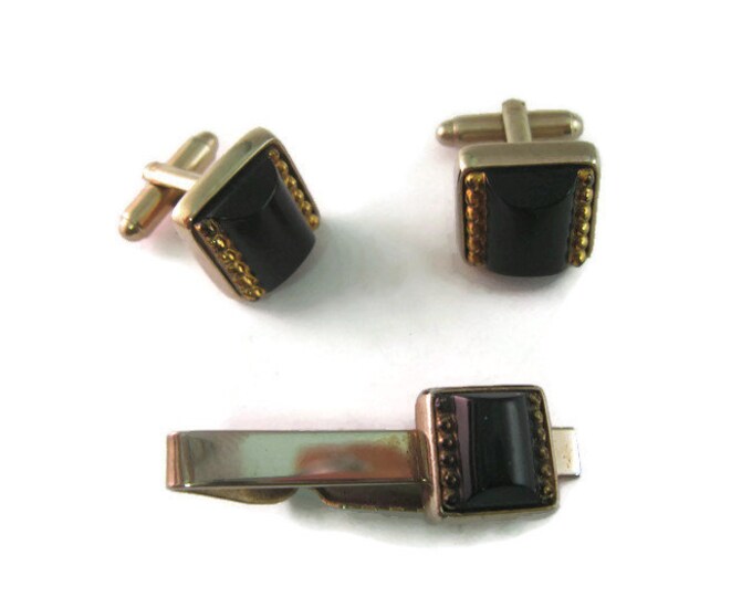 Vintage Men's Jewelry Set Tie Bar Cufflinks: Stunning Black Glass Art Deco Style Design