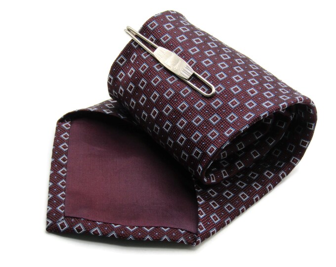 Maroon And Square Pattern Tie With Sailboat Tie Clip Tie Bar Silver Tone