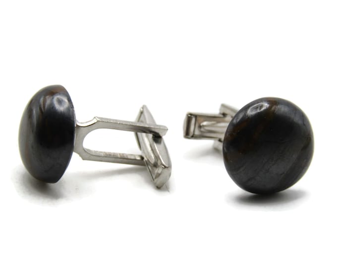 Dark Stone Circle Cuff Links Men's Silver Tone