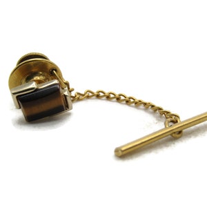 Brown Stone Inlay Rectangle Tie Lapel Pin & Chain Men&#39;s Jewelry