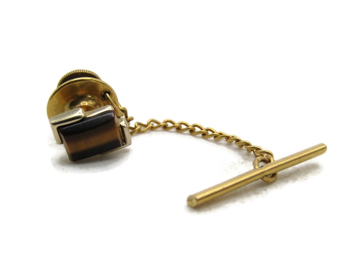 Brown Stone Inlay Rectangle Tie Lapel Pin & Chain Men's Jewelry