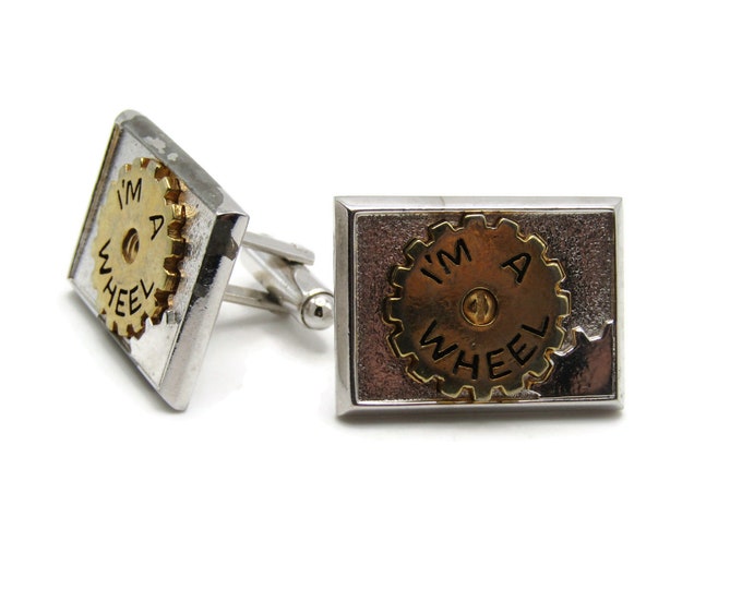 Vintage Cufflinks for Men: I'm A Wheel Gold Tone Gear Center Silver Tone