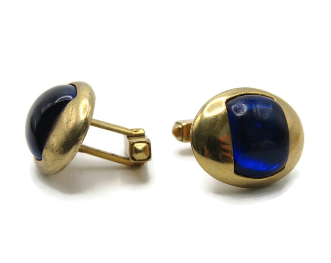 Blue Stone Inlay Oval Cuff Links Men's Jewelry Gold Tone