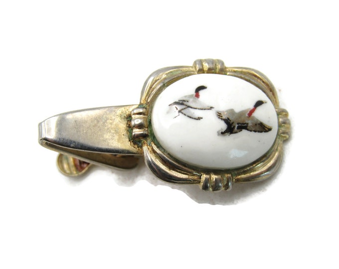 Flying Ducks White Stone Inlay Tie Clip Hunter Gift Gold Tone Tie Bar Men's Jewelry
