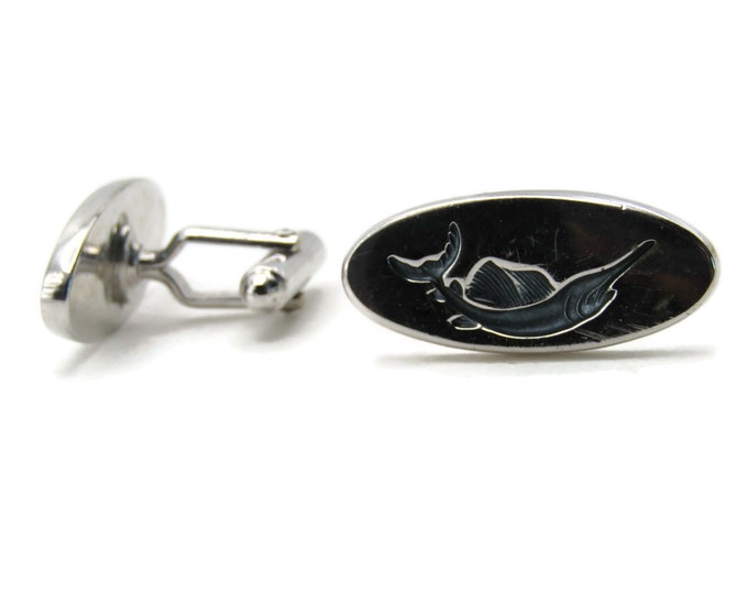 Large Fish Oval Cuff Links Men's Jewelry Black And Silver Tone