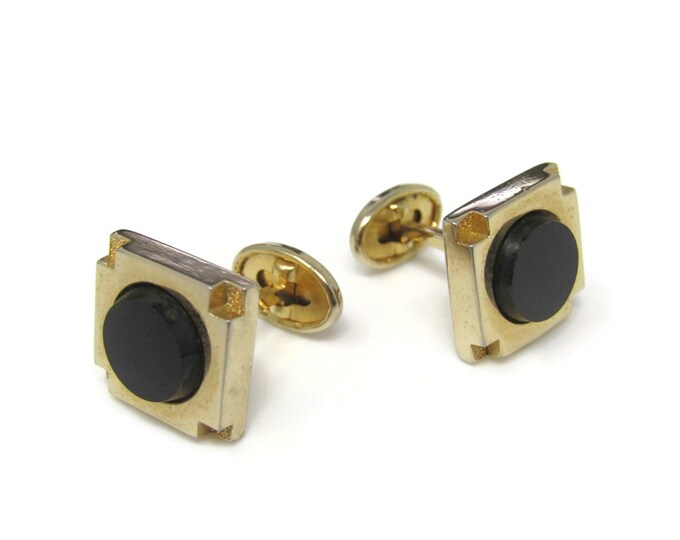 Vintage Cufflinks for Men: Black Center Nice Square Design Gold Tone