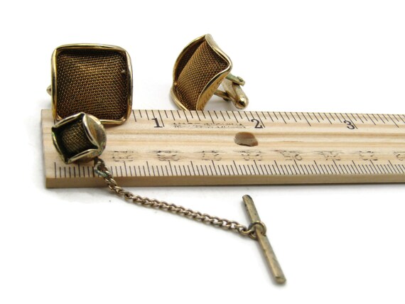 Mesh Front Square Cuff Links And Tie Pin Chain Se… - image 4