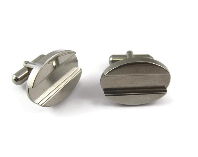 Vintage Cufflinks for Men: Pair Blanks Single Horizontal Groove Silver Tone Oval
