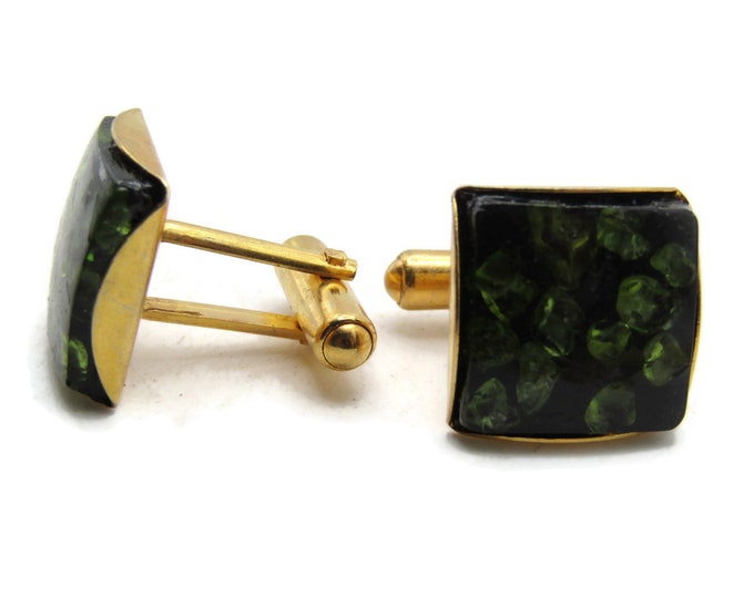 Dark Green And Black Square Stone Inlay Cuff Links Men's Jewelry Gold Tone
