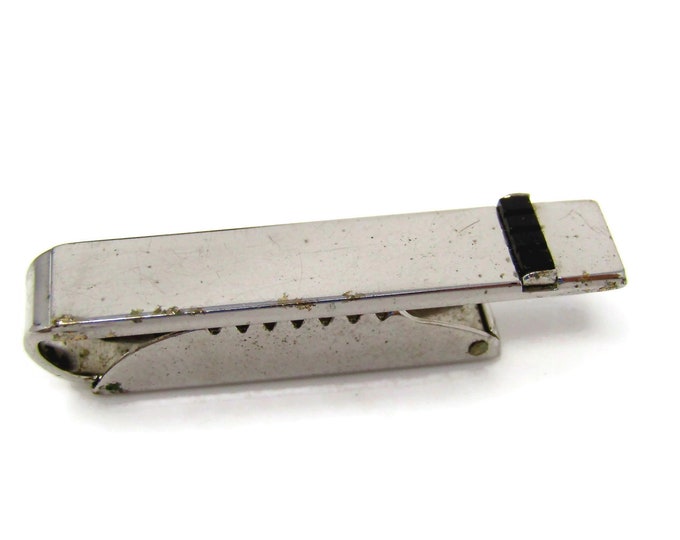 Vintage Tie Clip Bar for Men: Black Accent Smooth Silver Tone Design