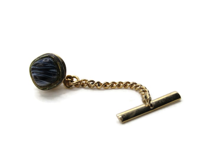 Black And White Square Stone Inlay Tie Pin And Chain Men's Jewelry Gold Tone