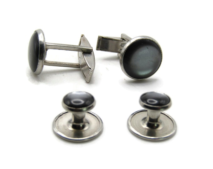 Round Grey Stone Cuff Link And Button Set Men's Jewelry Silver Tone