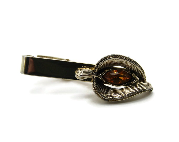 Orange Stone Inlay Raised Etched Leaf Edge Gold Tone Classic Design Tie Chain Tie Clip Men's Jewelry