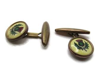 Vintage Scottish Thistle Stone Inlay Cuff Links Men's Jewelry Gold Tone