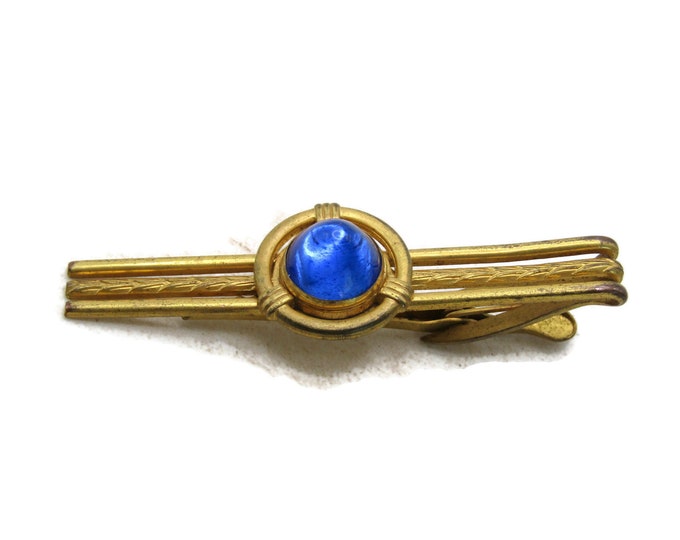 Blue Stone Inlay Tie Clip Tie Bar Men's Jewelry Gold Tone