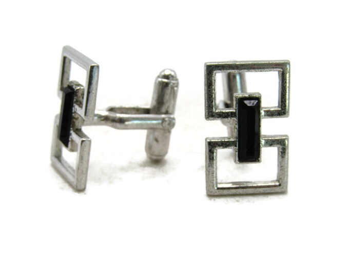 Connected Cubes and Black Stone Inlay Cuff Links Silver Tone Men's Jewelry