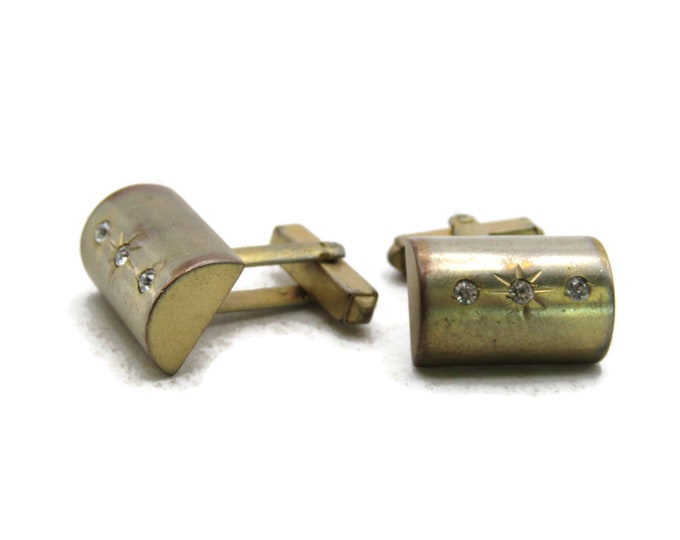 Rounded Rhinestone Inlay Cuff Links Gold Tone Industrial Men's Jewelry