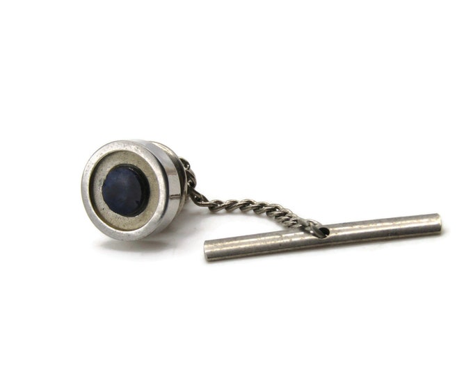 Round Black Stone Inlay Tie Pin And Chain Men's Jewelry Siver Tone