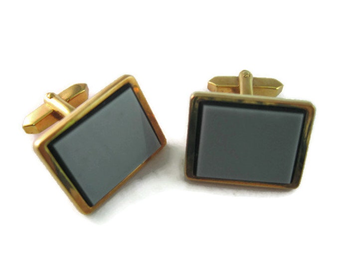 Vintage Cufflinks for Men: Sleek & Classic Design Gold Tone Rectangle Pure Gray Center