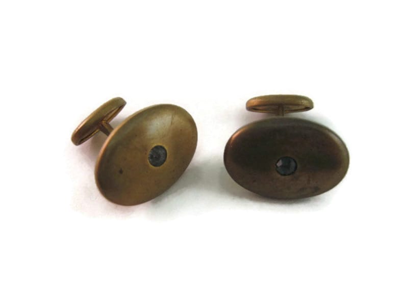 Antique Vintage Cufflinks for Men Clear Jewel Gold Tone Oval Design