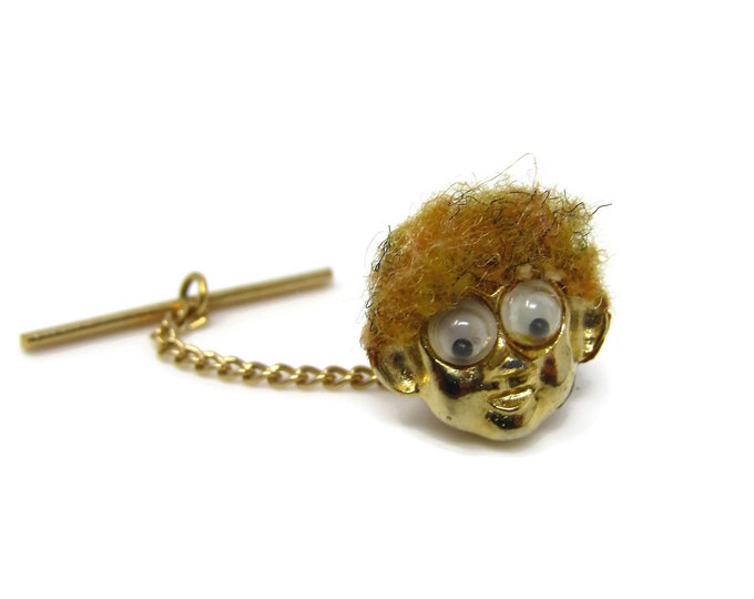 Vintage Tie Tack Tie Pin: Brown Hair Googly Eyes Face Head Amazing Design