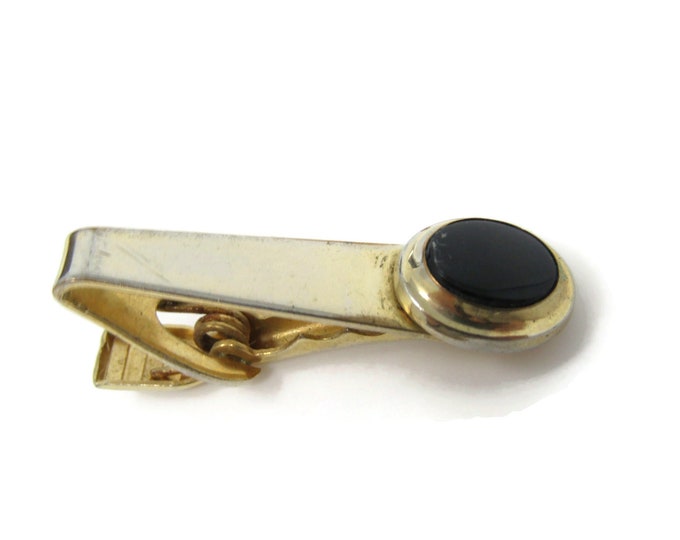 Black Oval Accent Tie Bar Clip Gold Tone Vintage Men's Jewelry Nice Design