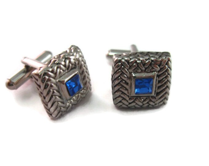 Vintage Cufflinks for Men: Stunning Blue Jewel Center Silver Tone Square Design