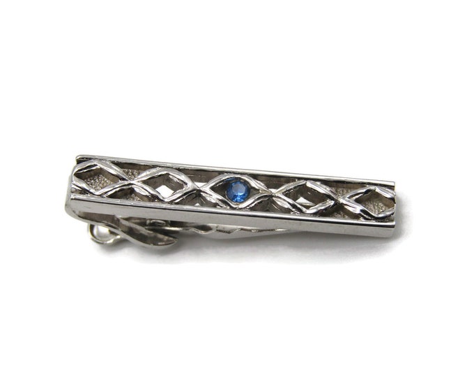 Weave Pattern & Blue Rhinestone Inlay Silver Tone Tie Clip  Tie Bar Men's Jewelry