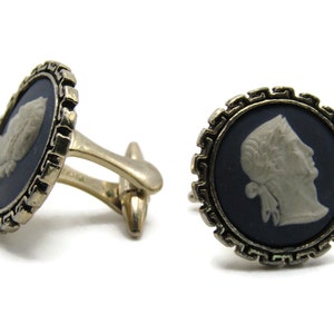 Round Blue And White Cameo Style Head Cuff Links Men&#39;s Jewelry Silver Tone