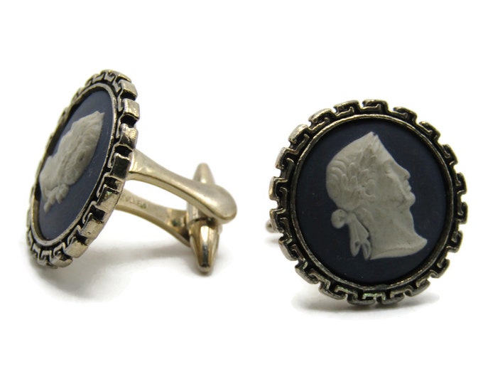 Round Blue And White Cameo Style Head Cuff Links Men's Jewelry Silver Tone