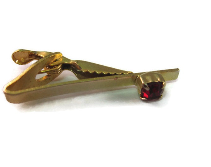 Vintage Men's Tie Bar Clip Jewelry: Red Jewel Gold Tone