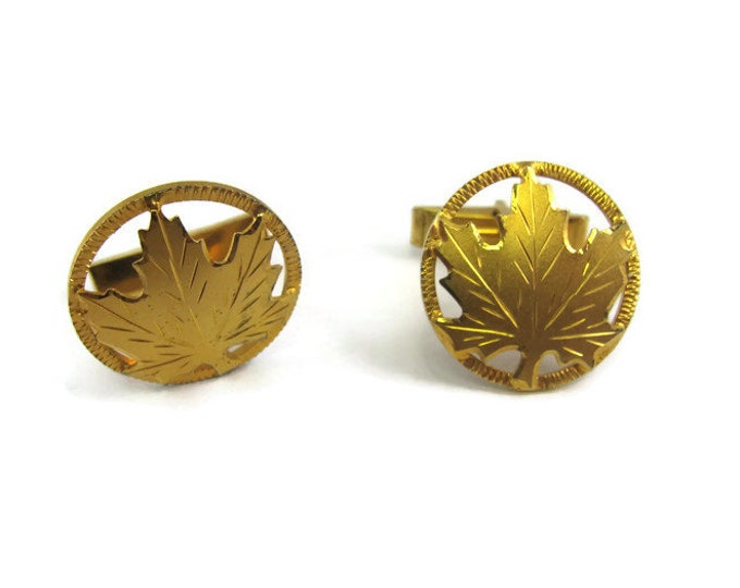 Vintage Cufflinks for Men: Maple Leaf Beautiful See Through Gold Tone Round Design