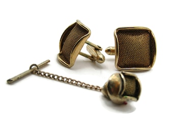 Mesh Front Square Cuff Links And Tie Pin Chain Set Men's Jewelry Gold Tone