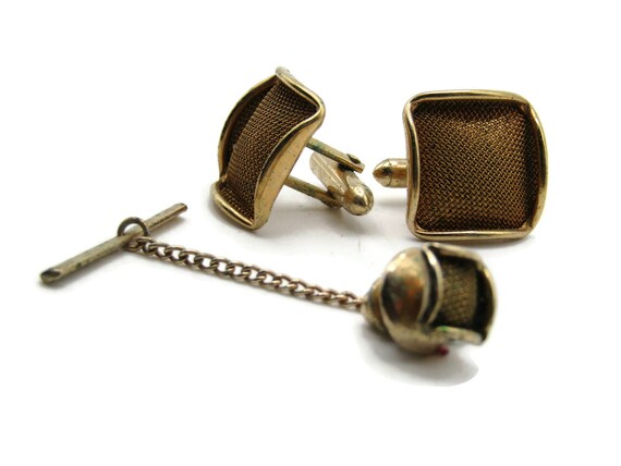 Mesh Front Square Cuff Links And Tie Pin Chain Se… - image 1