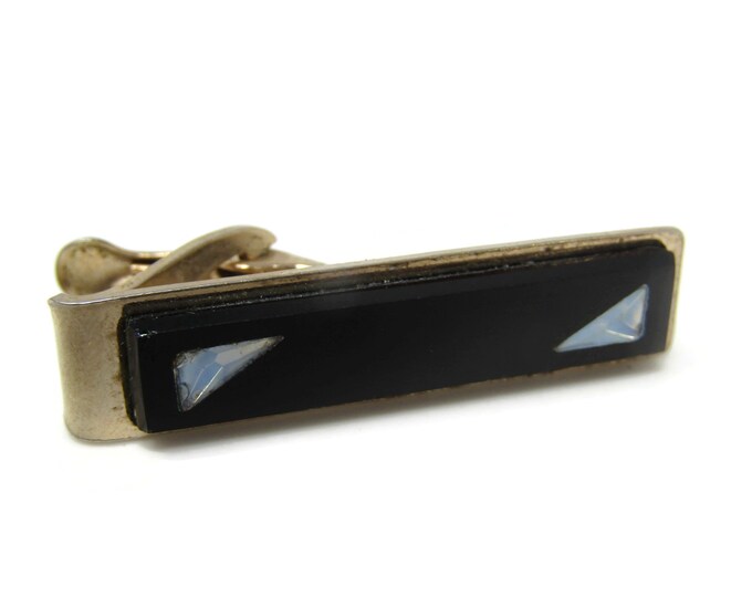 Black Glass Double Triangle Tie Bar Clip Vintage Silver Tone Stand Out w/ Style Fit In with Class