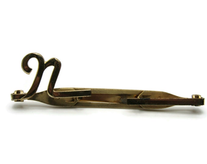 N Letter Initial Monogram Gold Tone Open Body Vintage Industrial Style Tie Clip Tie Bar Men's Jewelry