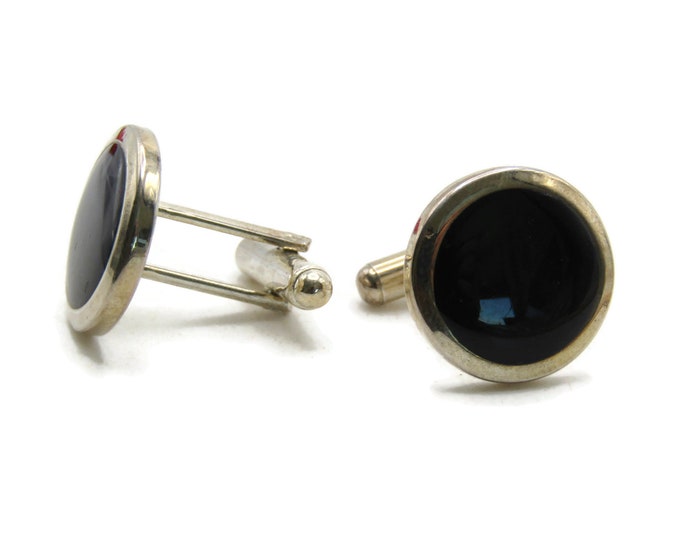 Black Round Stone Inlay Cuff Links Men's Jewelry Silver Tone