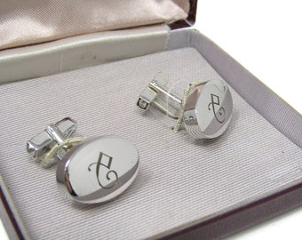 Vintage Silver Tone Cufflinks: Letter C Initial Oval Design