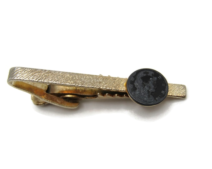 Roman Soldier Profile Black Stone Inlay Textured Gold Tone Tie Bar Tie Clip Men's Jewelry