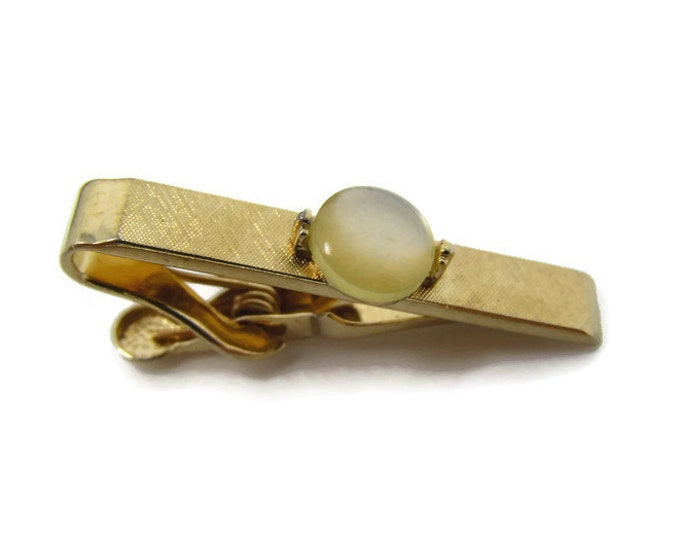 Opalescent White Accent Tie Clip Vintage Tie Bar: Textured Gold Tone