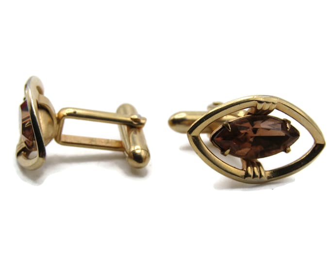 Brown Rhinestone Inlay Oval Open Design Cuff Links Men's Jewelry Gold Tone