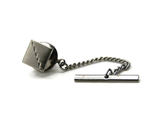 Square Tie Pin And Chain Diagonal Etched Line Design Men's Jewelry Silver Tone